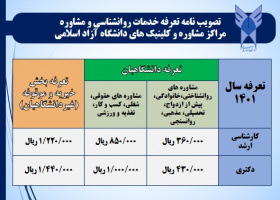 تعرفه خدمات روانشناسی و مشاوره مراکز مشاوره و کلینیک های دانشگاه آزاد اسلامی